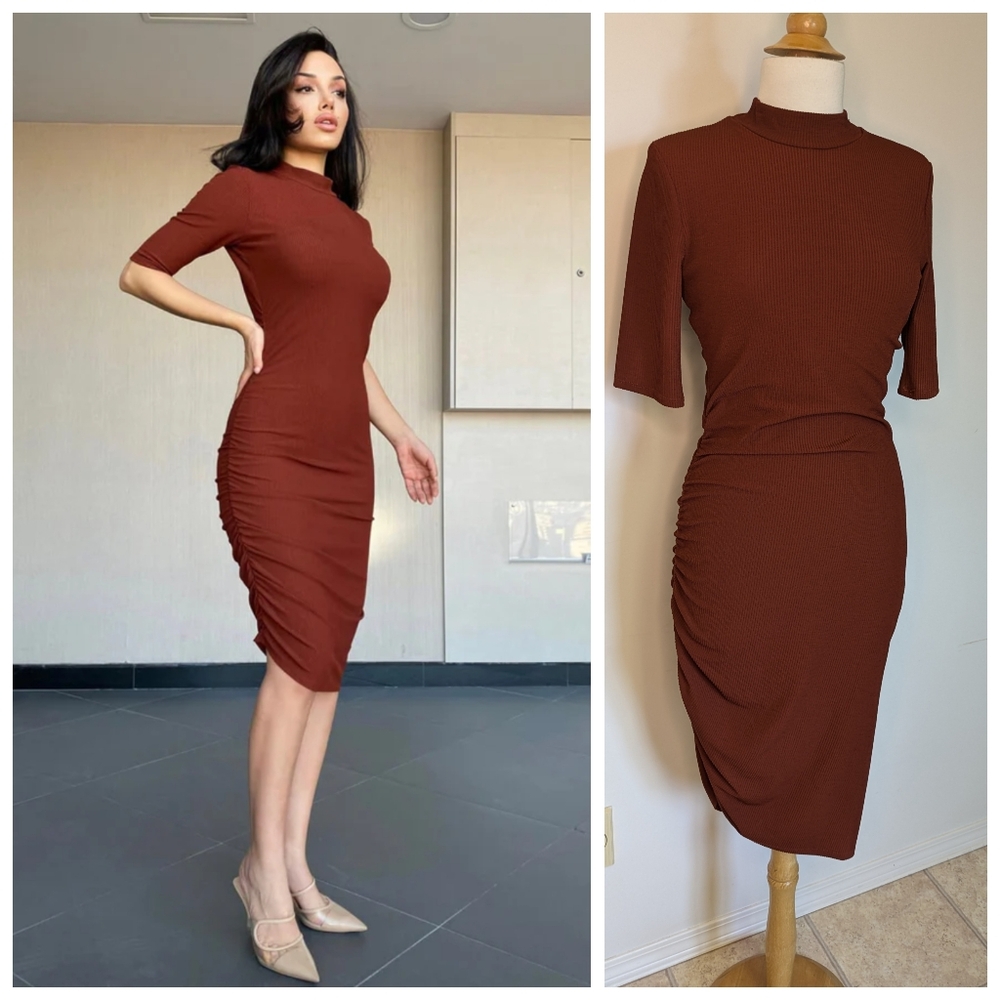Zara Rust Brown Ribbed Midi Dress